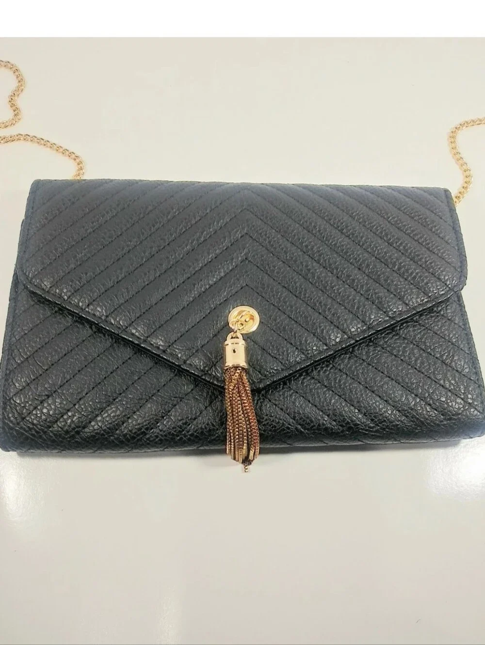 Black Quilted Envelope Crossbody Bag with Gold Chain and Tassel 8 x 11